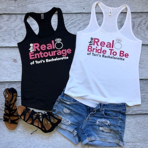 Bachelorette Party Shirts, Real Housewives tank top, real bridesmaids tees, real Bride to Be Inspired Custom name ladies racerback tank