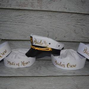 bride captain hat with veil, bride's captain hat, bride's crew hat, skipper,sailor bachelorette hat, nauti bride hat, gold writing