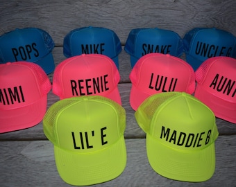 Neon Bachelorette Party Hats, family vacation trucker hats, personalized neon hat, Adjustable neon trucker hats, custom, any saying