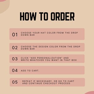 The image is a step-by-step guide on how to order a hat, with instructions on choosing the color, design, adding personalization, adding to the cart, and repeating the process if necessary.