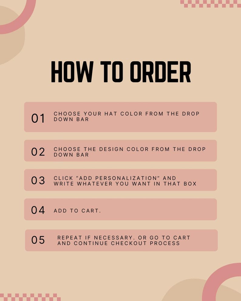 The image is a step-by-step guide on how to order a hat, with instructions on choosing the color, design, adding personalization, adding to the cart, and repeating the process if necessary.