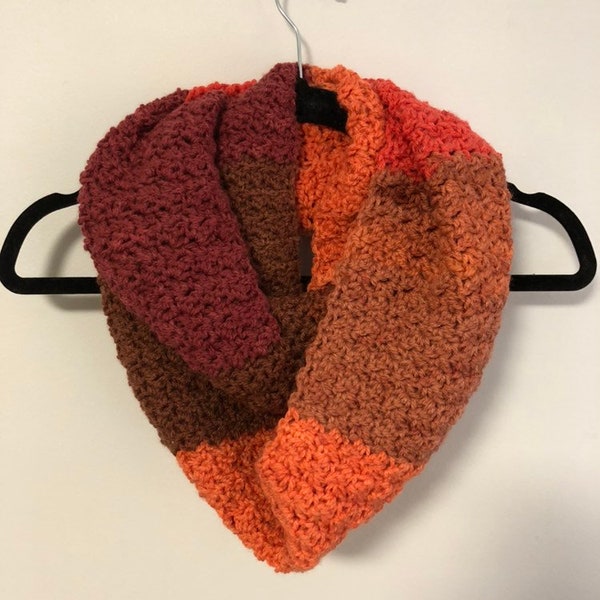 Color block FALL Colors hand crochet INFINITY SCARF, soft and cozy, long circle scarf, orange, burgundy, brown