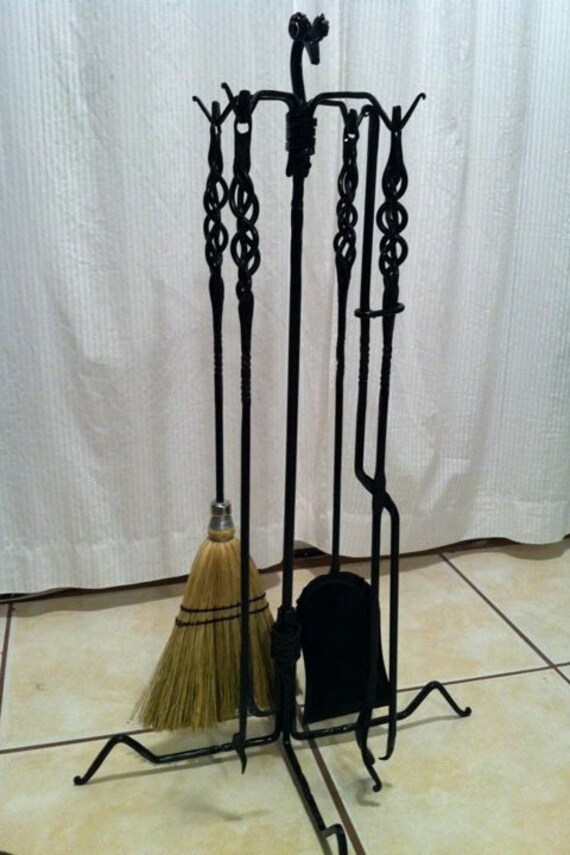 Hand Forged Iron Fire Place Set Hearth Tool Cabin Decor Etsy