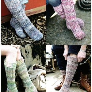 May include: Four pairs of chunky knit knee-high socks in various variegated colorways including blue, pink, green, and brown tones. The socks feature a ribbed texture and a folded cuff design. The text FAROE CHUNKY 9904 4 yrs to adult is visible.