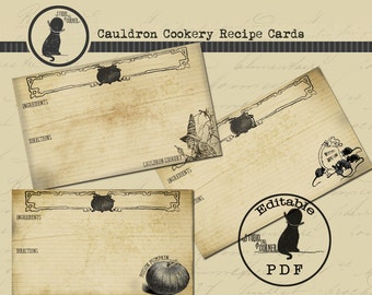 Digital Halloween Recipe Cards, Editable Halloween Recipe Cards, Printable Recipe Cards, Cauldron Cookery Recipe Cards