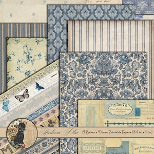 Vintage Digital Papier, Blau und Creme bedruckbares Papier, Junk Journal Seite, Florale Hintergründe, bedruckbares Streifen Papier, gealtertes Tapetenmuster