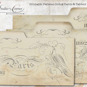 May include: Printable Parisian index cards and tabbed dividers with a vintage aesthetic. The cards feature ornate calligraphy, including the word "Paris" and the year "1892".