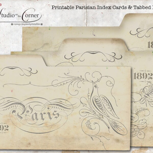 DIGITAL Recipe Cards, Printable Tabbed Divider, DIGITAL DOWNLOAD, Printable Recipe Card, Vintage Parisian, Instant Download