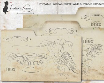 DIGITAL Recipe Cards, Printable Tabbed Divider, DIGITAL DOWNLOAD, Printable Recipe Card, Vintage Parisian, Instant Download