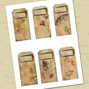 May include: Six vintage-style gift tags with brown paper backgrounds and a metal frame. Each tag features a different watercolor illustration of a botanical design with fall colors.