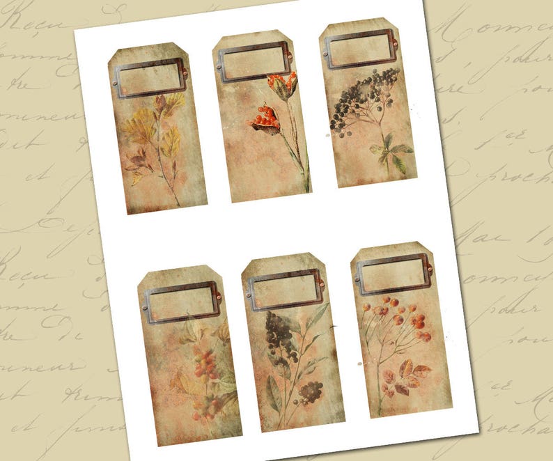 May include: Six vintage-style gift tags with brown paper backgrounds and a metal frame. Each tag features a different watercolor illustration of a botanical design with fall colors.