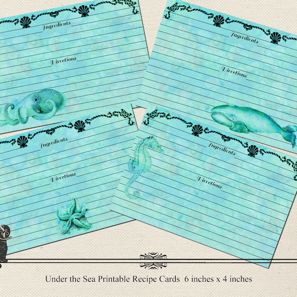 Recipe Card Printable Nautical Recipe Cards Whale Recipe Card Starfish Recipe Card Seahorse Recipe Card Octopus Recipe Card Instant Download