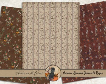 Autumn Brown Paper Pack, Digital Journal Pages, Fall Printable Papers, Vintage Prints