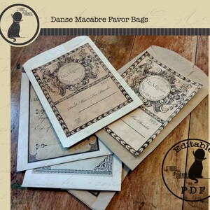 May include: A set of four printable favor bags with a vintage design featuring the text "Le Macabre" and a skull and crossbones motif. The bags are editable and come in a PDF format.