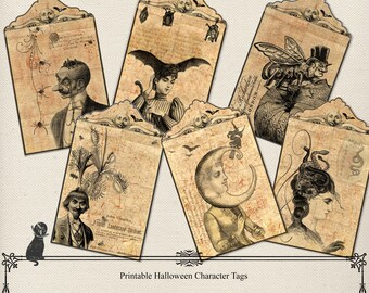 Vintage Steampunk Halloween Tags, Printable Character Labels (Digital Download)
