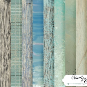 Peut inclure: Un collage numérique de 10 bandes verticales de différentes textures, notamment du bois, du métal et des surfaces peintes. Les couleurs sont principalement bleues et vertes, avec des touches de brun et de blanc. Le bas de l'image présente une bannière blanche avec le texte "Studio on the Corner".