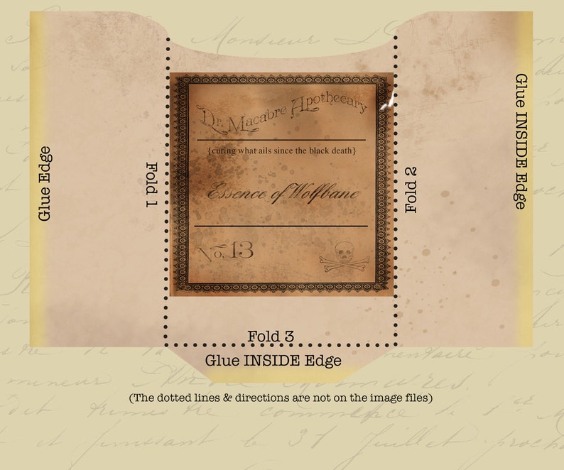 May include: A vintage-style label for a bottle of "Essence of Wolfbane" potion. The label is printed on aged paper with a skull and crossbones design. The text reads "Dr. Macabre Apothecary (curing what ails since the black death)".