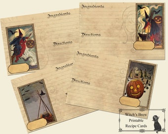 Recipe Cards  Editable Recipe Card Halloween Printable Vintage Halloween Instant Download Witch Recipe Cards