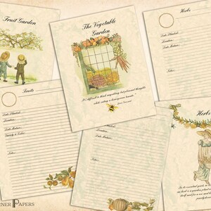 Pode incluir: Uma cole&ccedil;&atilde;o de p&aacute;ginas de papelaria em estilo vintage com ilustra&ccedil;&otilde;es bot&acirc;nicas. As p&aacute;ginas apresentam t&iacute;tulos como "Fruit Garden", "The Vegetable Garden" e "Herbs", com espa&ccedil;os pautados para anota&ccedil;&otilde;es e detalhes florais decorativos. O logotipo Studio on the Corner Papers &eacute; vis&iacute;vel.