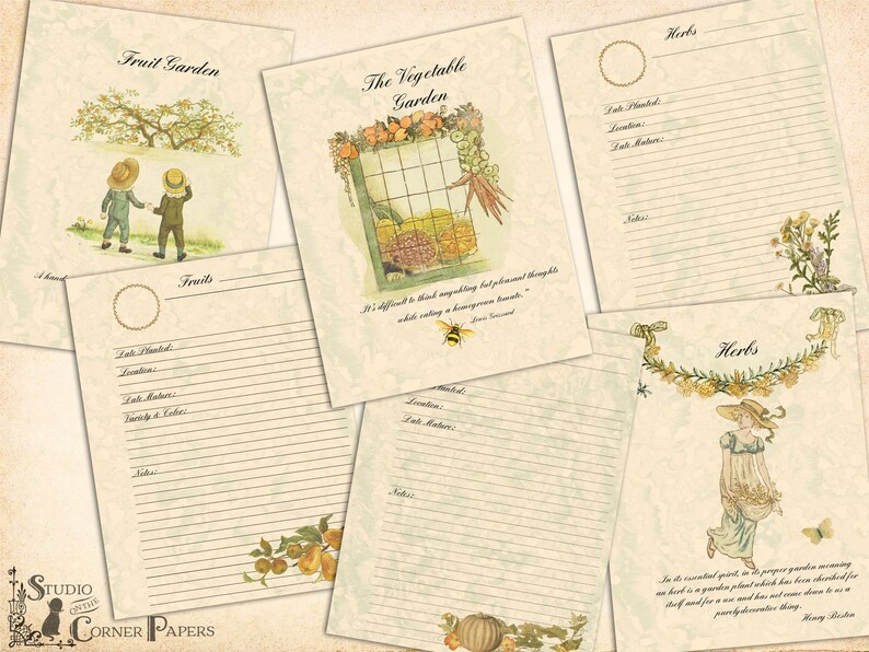 Pode incluir: Uma cole&ccedil;&atilde;o de p&aacute;ginas de papelaria em estilo vintage com ilustra&ccedil;&otilde;es bot&acirc;nicas. As p&aacute;ginas apresentam t&iacute;tulos como "Fruit Garden", "The Vegetable Garden" e "Herbs", com espa&ccedil;os pautados para anota&ccedil;&otilde;es e detalhes florais decorativos. O logotipo Studio on the Corner Papers &eacute; vis&iacute;vel.