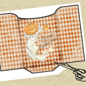 May include: A printable Halloween card with a checkered background. The card features a ghost holding a jack-o-lantern and the text "Happy Halloween".