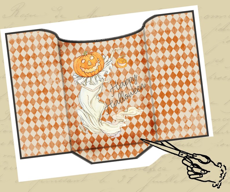 May include: A printable Halloween card with a checkered background. The card features a ghost holding a jack-o-lantern and the text "Happy Halloween".