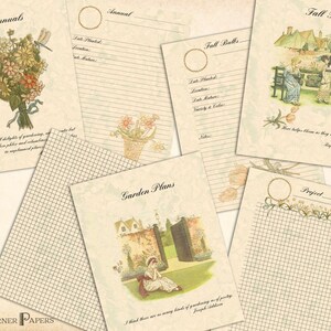 Pode incluir: Uma cole&ccedil;&atilde;o de papelaria em estilo vintage com ilustra&ccedil;&otilde;es florais e de jardim. O conjunto inclui p&aacute;ginas com os t&iacute;tulos "Annuals", "Fall Bulbs" e "Garden Plans", com papel pautado e quadriculado. A paleta de cores &eacute; suave, com tons bege e pastel.
