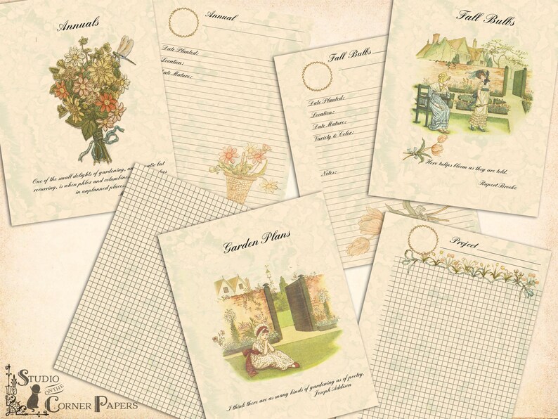 Pode incluir: Uma cole&ccedil;&atilde;o de papelaria em estilo vintage com ilustra&ccedil;&otilde;es florais e de jardim. O conjunto inclui p&aacute;ginas com os t&iacute;tulos "Annuals", "Fall Bulbs" e "Garden Plans", com papel pautado e quadriculado. A paleta de cores &eacute; suave, com tons bege e pastel.