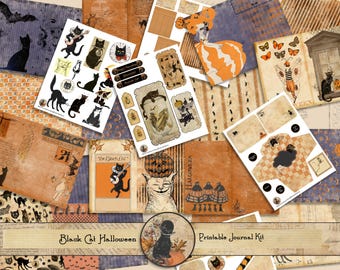 May include: Printable journal kit with a black cat Halloween theme. The kit includes various images of black cats, pumpkins, and other Halloween elements. The kit also includes several blank pages for journaling.