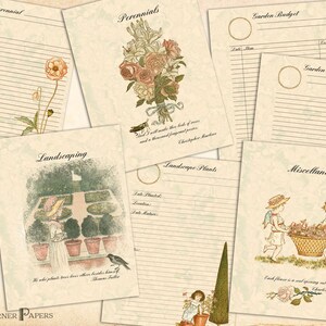 Pode incluir: Uma cole&ccedil;&atilde;o de papelaria vintage com tema de jardim. As p&aacute;ginas apresentam ilustra&ccedil;&otilde;es de flores, cenas de jardim e cita&ccedil;&otilde;es. Os t&iacute;tulos incluem "Perennials", "Landscaping" e "Garden Dreams". A paleta de cores &eacute; suave, com tons bege e pastel.
