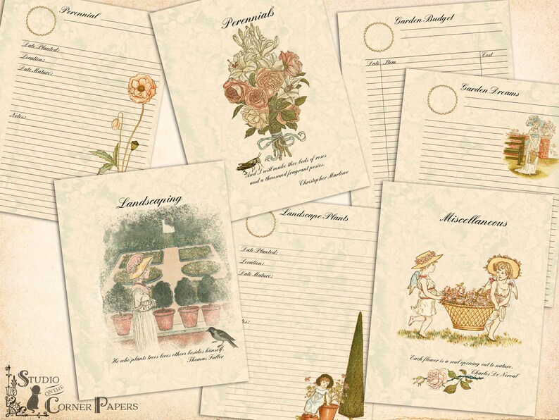 Pode incluir: Uma cole&ccedil;&atilde;o de papelaria vintage com tema de jardim. As p&aacute;ginas apresentam ilustra&ccedil;&otilde;es de flores, cenas de jardim e cita&ccedil;&otilde;es. Os t&iacute;tulos incluem "Perennials", "Landscaping" e "Garden Dreams". A paleta de cores &eacute; suave, com tons bege e pastel.