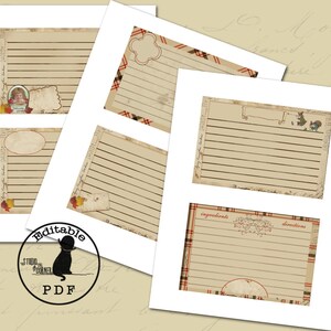 May include: Printable recipe cards with a vintage aesthetic. The cards feature a brown and white striped background with a decorative border. The cards are labeled "ingredients" and "directions".