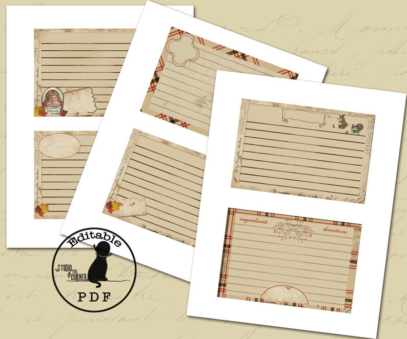 May include: Printable recipe cards with a vintage aesthetic. The cards feature a brown and white striped background with a decorative border. The cards are labeled "ingredients" and "directions".