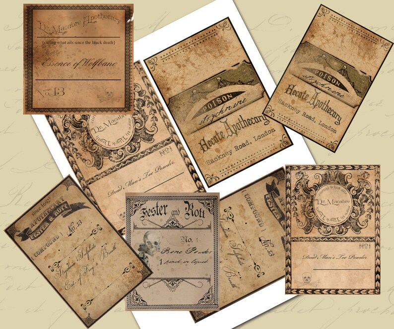 May include: Vintage style printable labels for apothecary jars and bottles. The labels feature a gothic font and illustrations of skulls and bones. The text on the labels includes "Dr. Macabre Apothecary", "Essence of Wolfbane", "Fester and Rott", "Bone Powder", "Poison Strychnine", "Hecate Apothecary", and "Dead Man's Toe Powder".