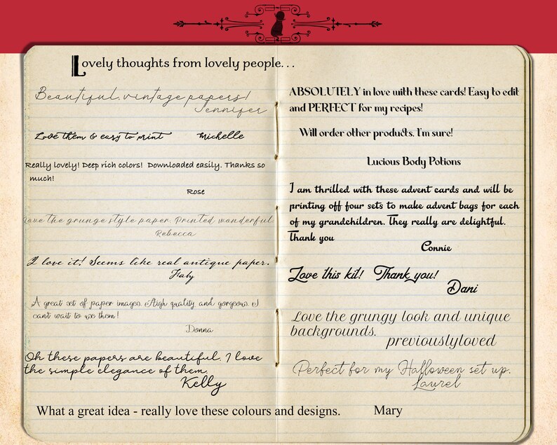 Pode incluir: Uma p&aacute;gina de di&aacute;rio em estilo vintage com notas manuscritas e depoimentos. A p&aacute;gina apresenta um fundo creme com linhas, e o texto est&aacute; em it&aacute;lico. O tema geral est&aacute; relacionado a produtos de papel e designs vintage.