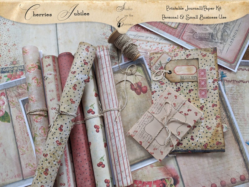 Printable Journal Kit, Printable Paper Kit, Cherries Jubilee Kit, Journal Pages Papers Ephemera ...