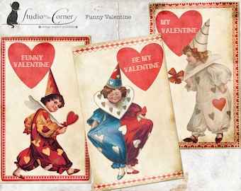 Printable Valentine, Vintage Valentine, School Valentines, Clown Valentine, DIY Valentine Cards, Valentines for Kids, Digital Valentines