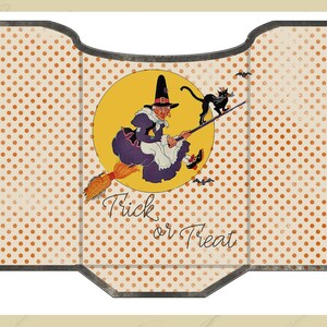 May include: A vintage Halloween card with a witch flying on a broomstick in front of a full moon. The card has an orange polka dot background and the text "Trick or Treat".