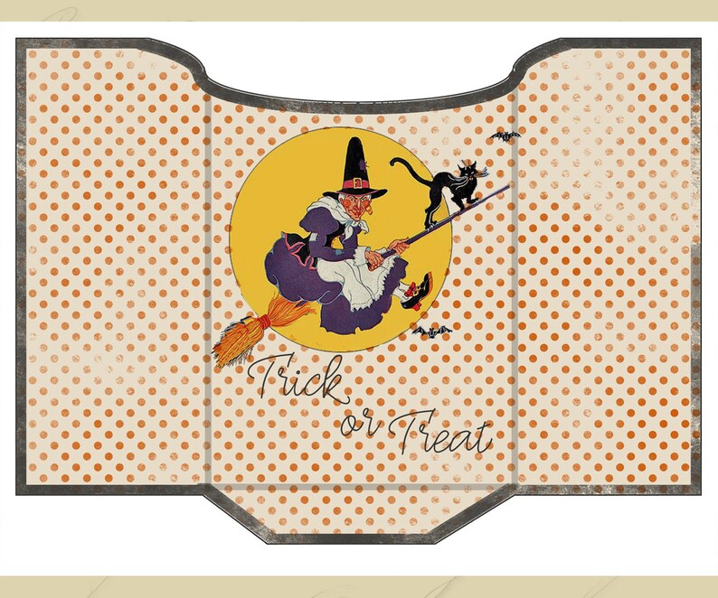 May include: A vintage Halloween card with a witch flying on a broomstick in front of a full moon. The card has an orange polka dot background and the text "Trick or Treat".