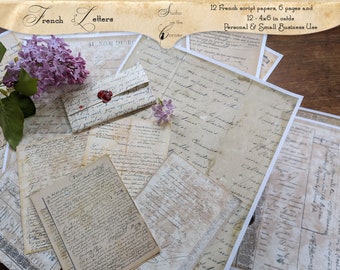 French Script Papers, French Documents, Vintage French Script, French Paper Pack. Digital Paper, Digital Pages, Instant Downloadd