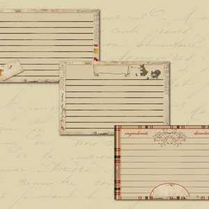 May include: Three vintage recipe cards with lined paper and decorative borders. The top card has a fall theme with leaves. The middle card has a Thanksgiving theme with a turkey and a pilgrim. The bottom card has a plaid border and the words "ingredients" and "directions" printed on it.