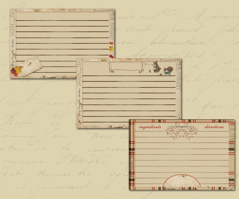 May include: Three vintage recipe cards with lined paper and decorative borders. The top card has a fall theme with leaves. The middle card has a Thanksgiving theme with a turkey and a pilgrim. The bottom card has a plaid border and the words "ingredients" and "directions" printed on it.