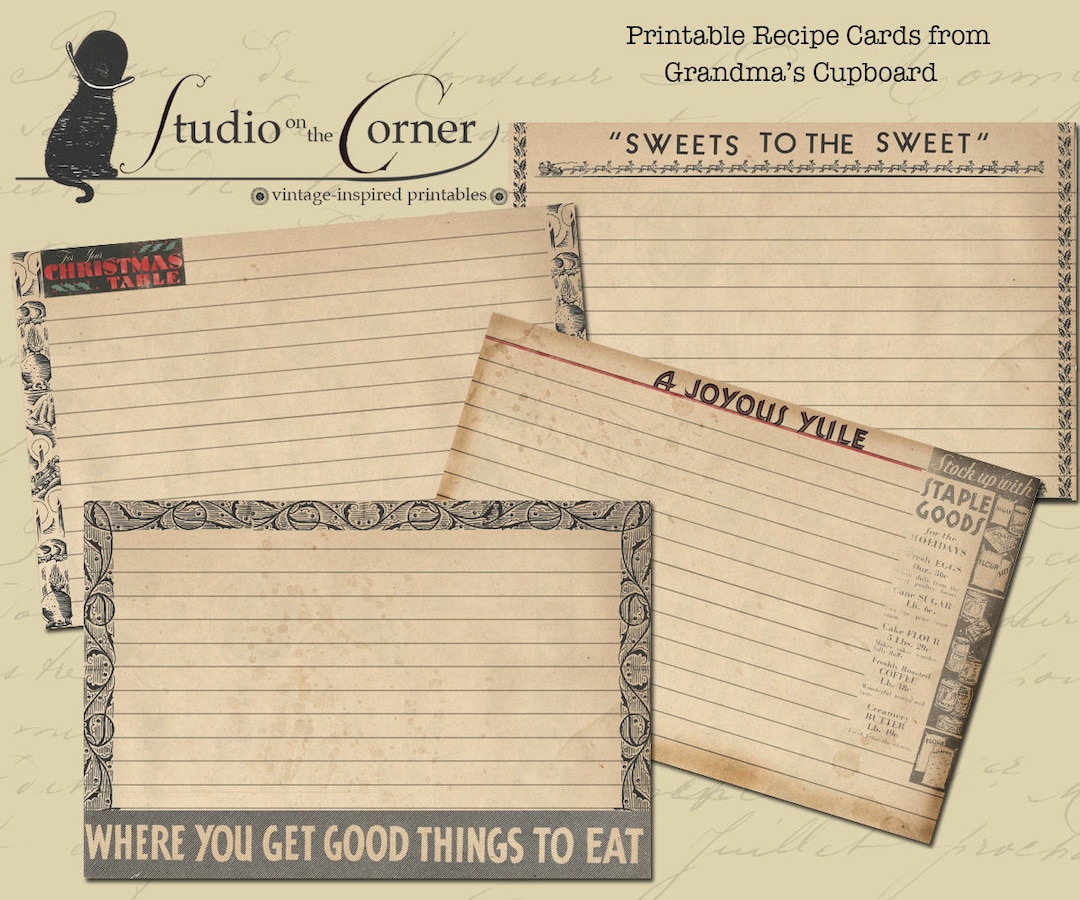 Printable Christmas Cards, Recipe Cards From Grandmas Cupboards, Holiday Recipe Cards, Vintage ...