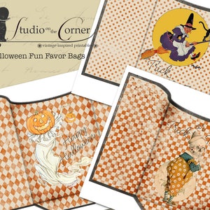 May include: Three printable Halloween favor bag designs. The first design features a ghost with a pumpkin head and the text "Happy Halloween". The second design features a witch flying on a broomstick with the text "Trick or Treat". The third design features a skeleton wearing a jester's hat and the text "Trick or Treat".