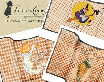 Halloween Fun Favor Bags, Treat Bags, Goodie Bags, Halloween Party Bags, Vintage Halloween Bags