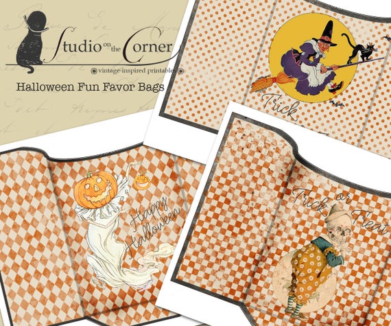 Halloween Fun Favor Bags, Treat Bags, Goodie Bags, Halloween Party Bags, Vintage Halloween Bags