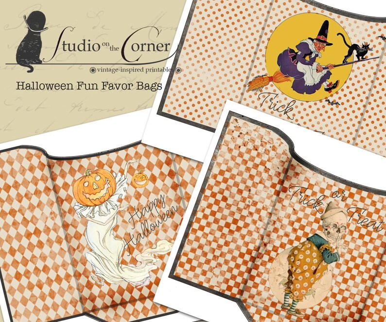 May include: Three printable Halloween favor bag designs. The first design features a ghost with a pumpkin head and the text "Happy Halloween". The second design features a witch flying on a broomstick with the text "Trick or Treat". The third design features a skeleton wearing a jester's hat and the text "Trick or Treat".