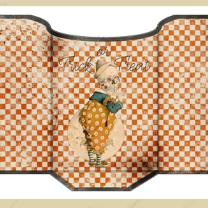 May include: A vintage Halloween card with a checkered orange and white background. A skeleton wearing a blue and yellow costume is holding a finger to its mouth. The text "Trick or Treat" is written in black cursive.