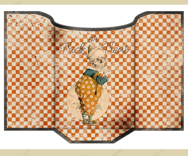 May include: A vintage Halloween card with a checkered orange and white background. A skeleton wearing a blue and yellow costume is holding a finger to its mouth. The text "Trick or Treat" is written in black cursive.