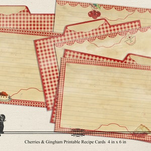 May include: Printable recipe cards with a gingham pattern and cherry accents. The cards are 4 inches by 6 inches and have a vintage look.